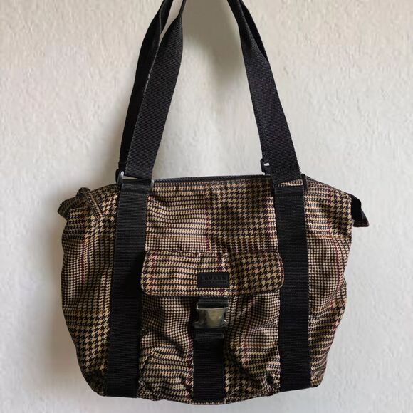 VTG LAUREN Ralph Lauren Bag Nylon Beige Black Houndstooth Purse Buckle Tote Y2K - Picture 1 of 8